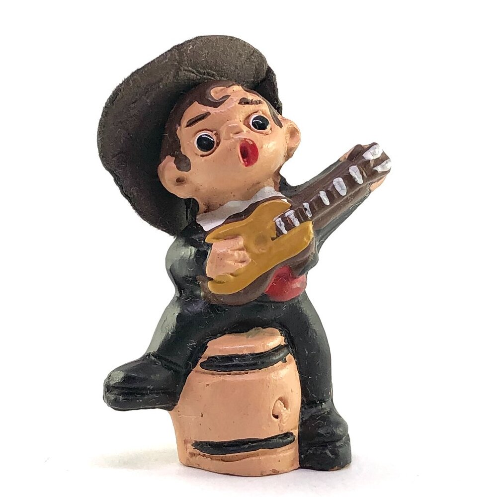 Vintage Spanish Terra Cotta Mud People Figurine Guitar Player Folk Dancing Clay